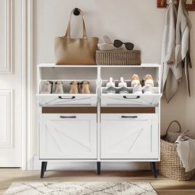 Barn Door With 4 Flip-down Drawers, Black Metal Single-sided Handle + Melamine Particleboard + Black Solid Wood Tapered Legs. Shoe Cabinet, 106*24*98c