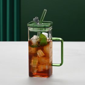 1 Pcs Green Glass Straw Cup, 6 Colors Square Glass Cup With Straw And Lid, High Borosilicate Glass Cup, Milk Cup, Juice Cup, Cold Drink Cup, Coffee Cu