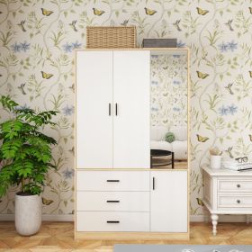 Armoire Wardrobe Closet with Mirror, 3 Door 3 Drawers Wood Closet Cabinet