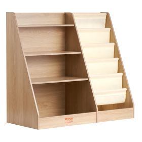 VEVOR Wooden Kids Bookshelf 4-Tier, Toy Storage Organizer for Toddler, Book Shelf for Kids Rooms with 6-Layer Sling Book Rack
