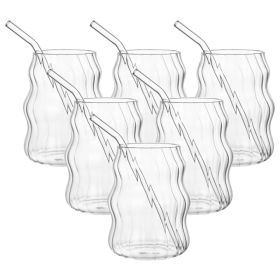 6 Pcs 19 Ounce Glass Straw Cup, Coffee Cup, Milk Cup, Juice Cup, Cold Drink Cup, Tea Cup, Water Cup, Office Cup, Striped Cloud Cup