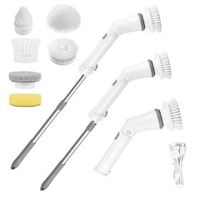 1Set Electric Spin Scrubber Cordless Rechargeable Telescopic Cleaning Brush 6 Replaceable Heads 2 Speed Adjustable Extension Arm Bathroom Tub Til (Option: White)