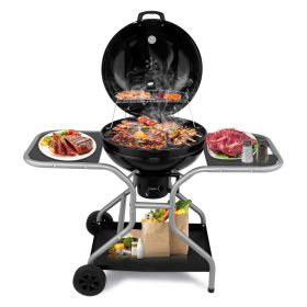 Kettle Charcoal Grill with 2 Side Tables, Storage Shelf, Upgraded Ash Catcher, Thermometer, Air Vents, Outdoor Cooking Barbecue Grill with Wheels (Option: 52526144)