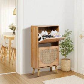 2-Tilt Shoe Cabinet With Arched Rattan Surface, MDF With Triamine, 54X24X98cm, Natural Wood Color (Option: defaulttitle)