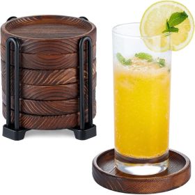 Acacia Wood Drink Coasters 6 Units With Holder, Wooden Coaster Set For Coffee Table, Dining Table And Home Decor (Option: Brown)