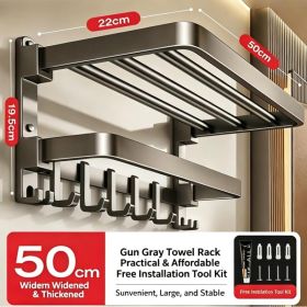 Gunmetal Grey Foldable Double Towel Rack Space Aluminum Bathroom Towel Holder With Hooks Wall-Mounted Storage Shelf Drill-Free, Dual-Installation (Option: 50cm)