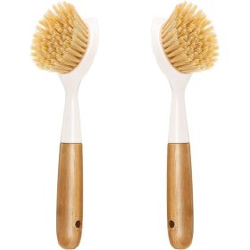 2 Pack Kitchen Dish Brushes, Bamboo Handle Dish Scrubbers With Built In Scraper, Reusable Cleaning Brushes For Dishes, Pots & Pans (Option: MULTI)