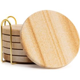 6 Piece Absorbent Sandstone Coaster Set With Holder, 4 Inch Round Drink Coasters For Coffee Table, Kitchen And Office (Option: Earthy Neutral)