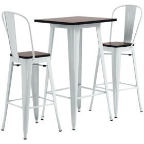 3 Piece Industrial Dining Table Set, Bar Height Bar Table and Chairs Set with Footrests for Bistro, Pub, White and Brown (Option: White-1040x630x145 mm)