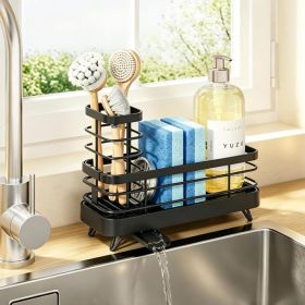 Kitchen Sink Sponge Holder Organizer, Large Sink Caddy With Brush Storage, Countertop Rack For Sponges, Soap And Cleaning Tools (Option: Black)