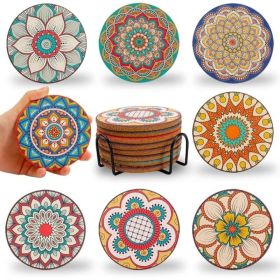 8 Pcs Colorful Cork Drink Coasters With Holder, Round Cup Coaster Set For Coffee, Tea And Beverages, Table Protection Decor (Option: Mandala Cork Coasters)