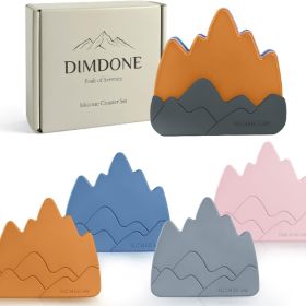 5 Piece Mountain Silicone Coaster Set With Holder, Thick Waterproof Drink Coasters, Rustic Decor For Coffee Table And Office (Option: Dawn Earth)