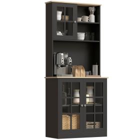 Kitchen Pantry Storage Cabinet, 72" Freestanding Cabinet with Hutch, Large Countertop, Glass Doors and Adjustable Shelves for Dining Room, Black (Option: Black-1170x470x268 mm)