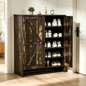 2-Door Barn Door Shoe Cabinet Made of Triamine Particleboard Black Square Shoe Cabinet with Single-Hole Handle 31.61*14.21*36.42in Black Oak (Option: default title)