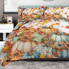 3 Pieces Colorful Oil Painting Pumpkin Pattern Quilt Set Twin Full Queen King Size For All Seasons Flower Fall Leaves Bedding Set With 2 Pillowca (Option: Queen-Orange)