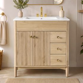 [Video] 30-Inch Bathroom Vanity with Ceramic Sink, Modern Traditional Freestanding Bathroom Cabinet with 2 Doors & 3 Drawers, Adjustable U-Shaped (Option: Wood)