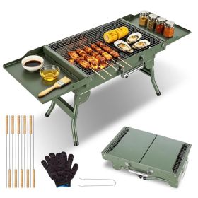 Camping Charcoal Grill, Foldable Portable BBQ Barbecue Grill with Dual Side Panels, Ventilation Holes, Full Set of Grilling Accessories for Lawn (Option: Green)