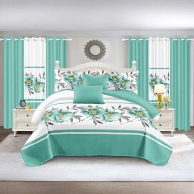 Quilted Bedspread & Curtain Set 9 Piece, Queen Size - Bedding Ensemble with Sheer Filtering Drapes, 1.6" Grommet Top, Machine Washable (Option: green rose-QUEEN)