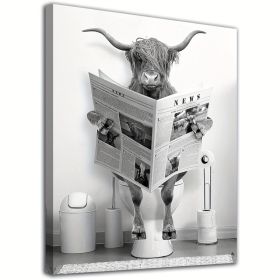 Fun Highland Cow Wall Art - Black & White Cow Sitting On Toilet - Bathroom Decor (Option: Default)