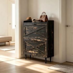2-Drawer Top-Mounted Barn Door Shoe Cabinet Melamine Board Embossed MDF Shoe Cabinet 31.61*9.45*39.37in Black Oak (Option: default title)