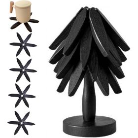 5 Piece Wooden Tree Shape Trivet Set, Walnut Wood Foldable Hot Dish Holders With Stand For Pots, Bowls And Teapots (Option: Black)