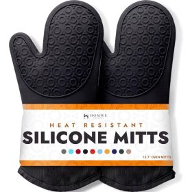 BPA-Free Silicone Oven Mitts, Heat Resistant Up To 500 F With Cotton Liner, Long Slip Resistant Pot Holders, Black (Option: Black)