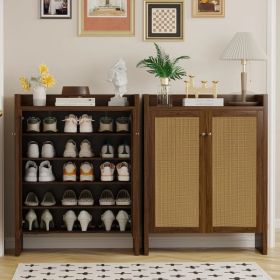 42.5" Tall Rattan Shoe Cabinet with Doors, 6-Tier Wooden Freestanding Shoe Storage Organizer with Adjustable Shelves, Mid-Century Entryway Shoe C (Option: default title)