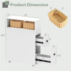 Slim White Bathroom Storage Cabinet (20"x7.5"x28.5") - Fits Tight Spaces (Tub-Toilet Gap), 2 Drawers + Open Shelf + Wicker Baskets (Option: default title)