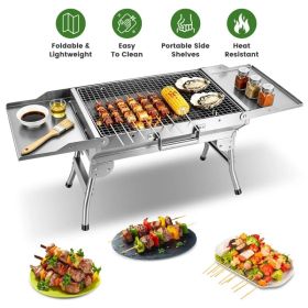 Camping Charcoal Grill, Foldable Portable BBQ Barbecue Grill with Dual Side Panels, Ventilation Holes, Full Set of Grilling Accessories for Lawn (Option: Silver)