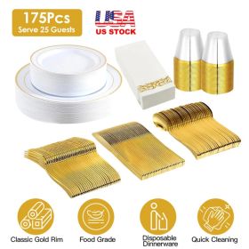 175Pcs Disposable Gold Dinnerware Set Gold Rim Plastic Plates Cups Fork Spoon Knife Paper Napkins for Party Wedding Graduation (Option: As picture)