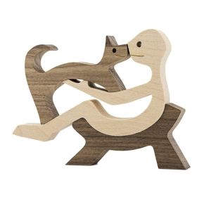 DIY Figurine Wood Dog Ornament Sculpture Home Decoration A Man A Dog Wood Sculpture Christmas Gifts Model Decor (Option: S)