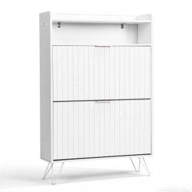 Shoe cabinet with slatted front panel and side panels, two compartments with top-opening lids, two hooks, and high legs. Particleboard cabinet bo (Option: default title)