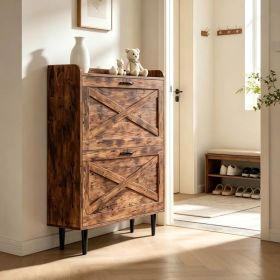 2-Drawer Top-Mounted Barn Door Shoe Cabinet Melamine Board Embossed MDF Shoe Cabinet 31.61*9.45*39.37in Rotten Wood Color (Option: default title)