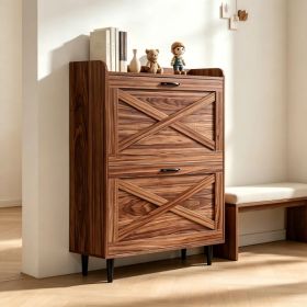 2-Drawer Top Enclosure Barn Door Shoe Cabinet Melamine Board Embossed MDF Shoe Cabinet 31.61*9.45*39.37in Walnut (Option: default title)