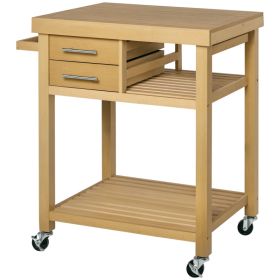 Bamboo Kitchen Island Cart on Wheels, Utility Trolley Cart with 2 Storage Drawers and Open Shelves, Bamboo Tone (Option: Vintage Natural-630x940x200 mm)