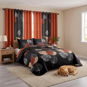 9-Piece Brown And Black Leaf Quilted Bedspread And Curtain Set, Microfiber Bed Cover With 2 Pillow Shams And 6 Window Curtain Panels, Twin XL, Qu (Option: Cal King)