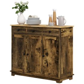 Kitchen Storage Cabinet, Sideboard Floor Cupboard with Solid Wood Top, Adjustable Shelf, and 3 Drawers, Brown (Option: Rustic Brown-1175x495x185 mm)