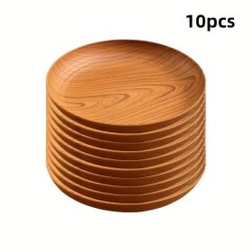 10 Creative Wood Grain Plastic Plates - Round Striped Design, High-Quality Lightweight, Suitable For Home, Dessert Shops (Option: 10pcs)