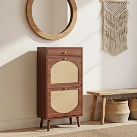 Rattan Shoe Cabinet With 1 Drawer And 2 Flip-top Drawers, Made Of Particleboard, 54*24*110cm, Brown (Option: defaulttitle)