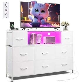 Dresser TV Stand For 45, 50, 55 Inch TV, Entertainment Center With LED Lights & Charging Station, Chest Of Drawers With 8 Fabric Drawers And Open (Option: White)