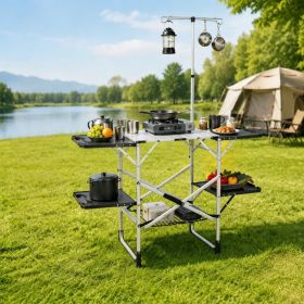 Foldaway Outdoor Cooking Table with Detachable Lamp Holder 4 Fold Side Trays Mesh Storage Shelf, Cross Brace Support Max 154lbs Weight Capacity B (Option: Silver)