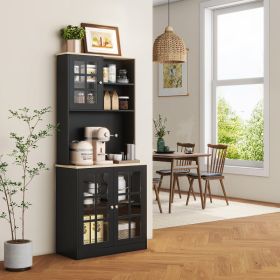 72" Black Kitchen Pantry Storage Cabinet with Hutch, Large Countertop & Adjustable Glass Door Shelves (Option: 05610962)
