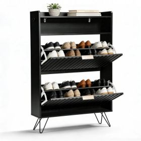 Shoe cabinet with slatted front panel and side panels, two compartments with top flip-up lids, two hooks, and high legs. Particleboard cabinet bo (Option: default title)