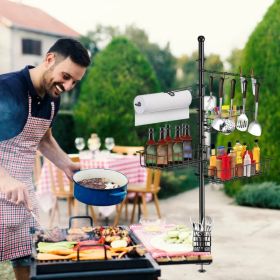 Outdoor BBQ Griddle Caddy Organizer, Multi-Size Storage Baskets & 10 Hanging Hooks, Wind Resistant Paper Towel Holder, Heavy-Duty Rustproof Rack (Option: Black)