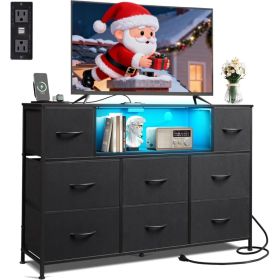 Dresser TV Stand For 45, 50, 55 Inch TV, Entertainment Center With LED Lights & Charging Station, Chest Of Drawers With 8 Fabric Drawers And Open (Option: Black)