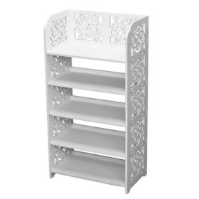 5 Tiers White Shoe Rack, Wood-plastic Board Carved Hollow Shoe Storage Rack, Waterproof Damp Proof Easy Clean Shoe Organizer, Suitable for Living (Option: default title)