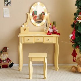 Kids Vanity Set With Mirror And Lights And Stool, 5 Storage Drawers, Pretend Play Princess Makeup Desk Dressing Table And Stool Set For Little Gi (Option: defaulttitle)