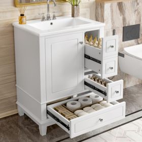 24" Bathroom Vanity with Sink and Drawers, White Freestanding Vanity Cabinet with Ceramic Top and Storage Shelves, MDF and Solid Wood Base, Moder (Option: default title)