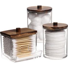 Qtip Holder Bathroom Containers 3 Units, 10 Oz Cotton Ball And Swab Dispenser Jars With Brown Wood Lids (Option: MULTI)
