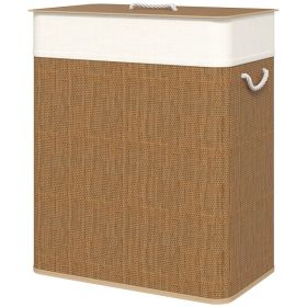 Double Laundry Basket with Lid, 26.4 Gallon Bamboo Laundry Hamper with Rope Handles and Removable Liner, Brown (Option: Brown-635x40x395 mm)